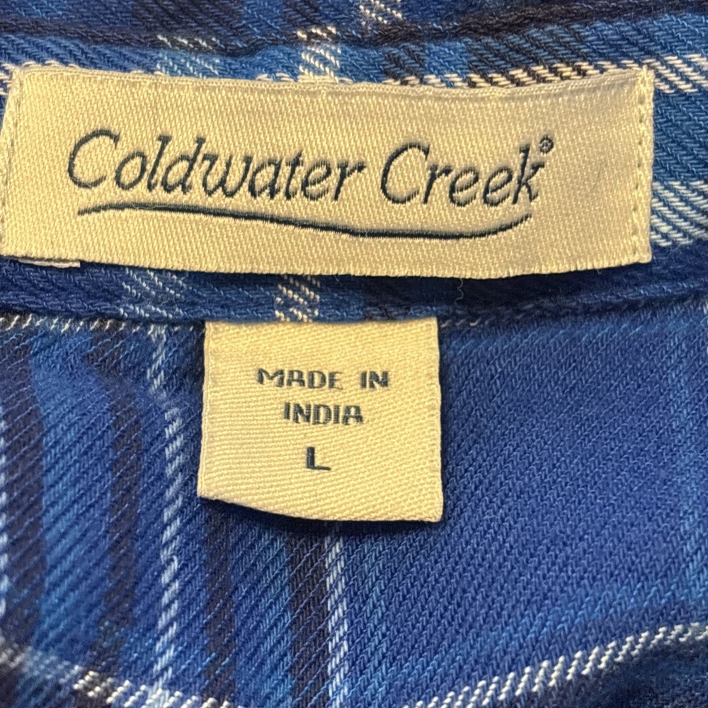 Coldwater Creek Into The Mix Plaid Flannel Top L Sapphire Blue Mixed Patchwork - Picture 7 of 9